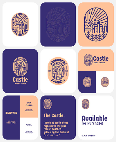 Castle on the hill Exclusive Logo Design for Sale by Anhdodes anhdodes branding castle design forest hill icon landscape logo logo design logomark medieval mountain pine sunrise sunset symbol