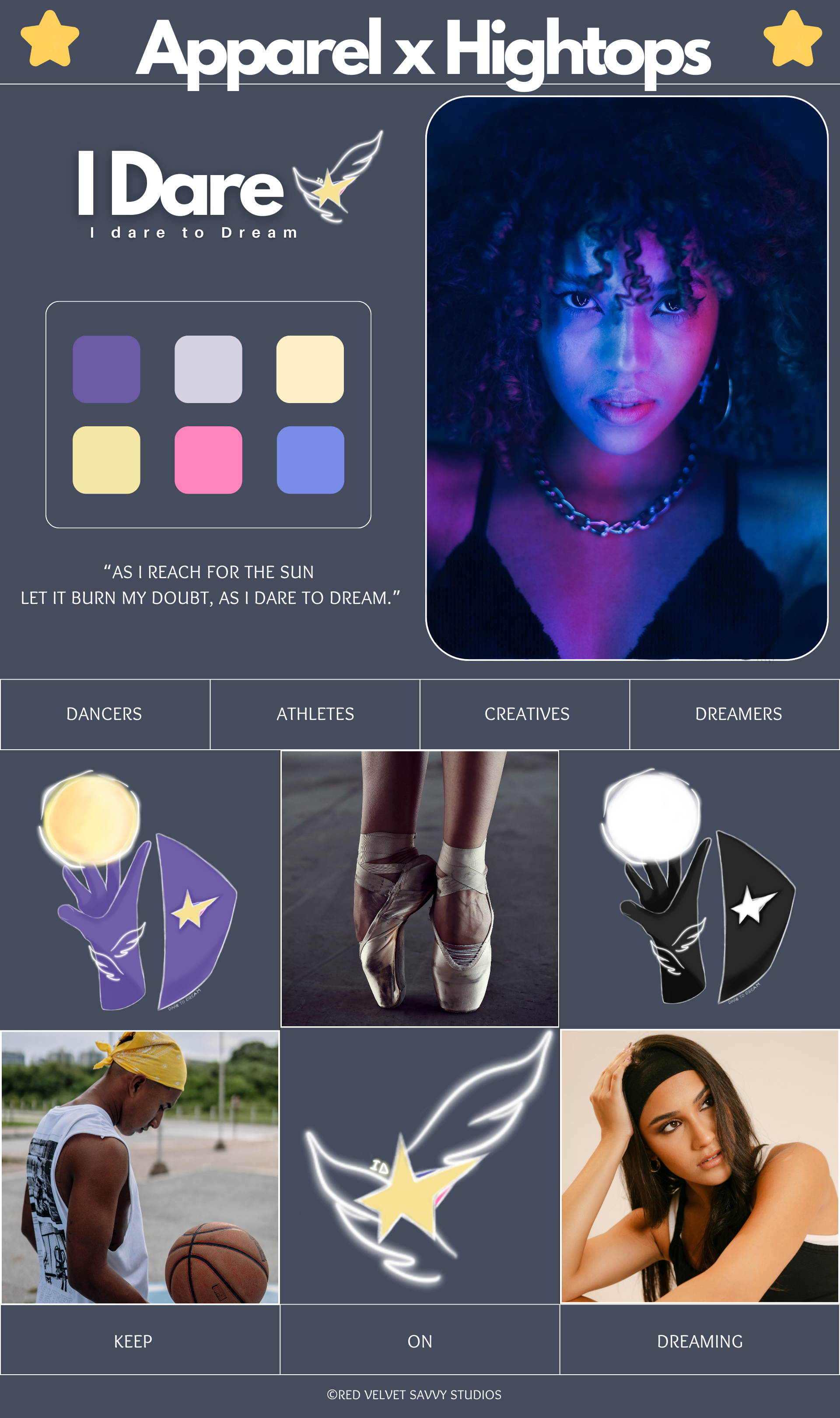 I Dare: Dancewear & Sportswear Apparel apparel athlete branddesign branding clean colorful dancer design dreaming fashion graphic design hope icarus illustration logo mythology pastel shoes ui wings