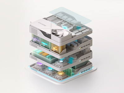 3D Exploded-View Illustration of a Modern GPU 3d 3d illustration gpu illustration server server illustration