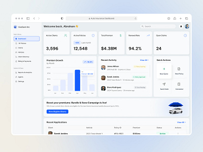 Auto Insurance Dashboard – Smart Insights, Fast Decisions 📊🚗 analytics clean design dashboard dribbble best shot finance dashboard insurance insurance agency insurance app insurance company insurance dashboard minimalist modern app ui popular shot product design saas uiux web designer web designing
