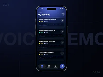 Mobile app for voice recording & notes | iOS 26 app beautifului blue branding darkblue darktheme glassmorphism ios ios26 iosdesign mobileapp mobileappdesign productdesign stylishapp ux uxdesign voicememo voicenotes voicerecorder white