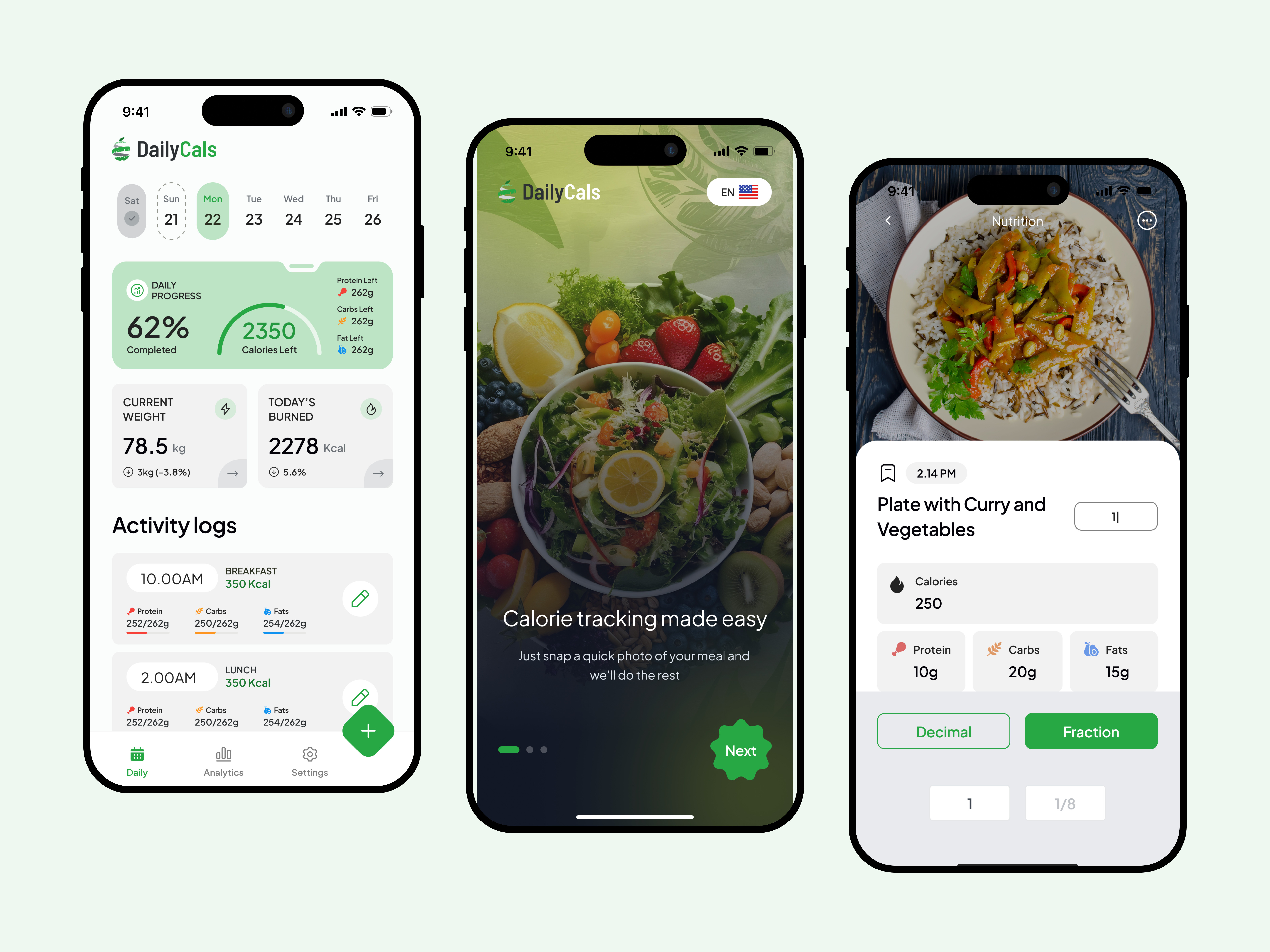 Daily Cals — Calorie Tracker Mobile UI activity tracker app design calorie tracker fitness app health app minimal ui mobile app mobile ui nutrition app product design ui design