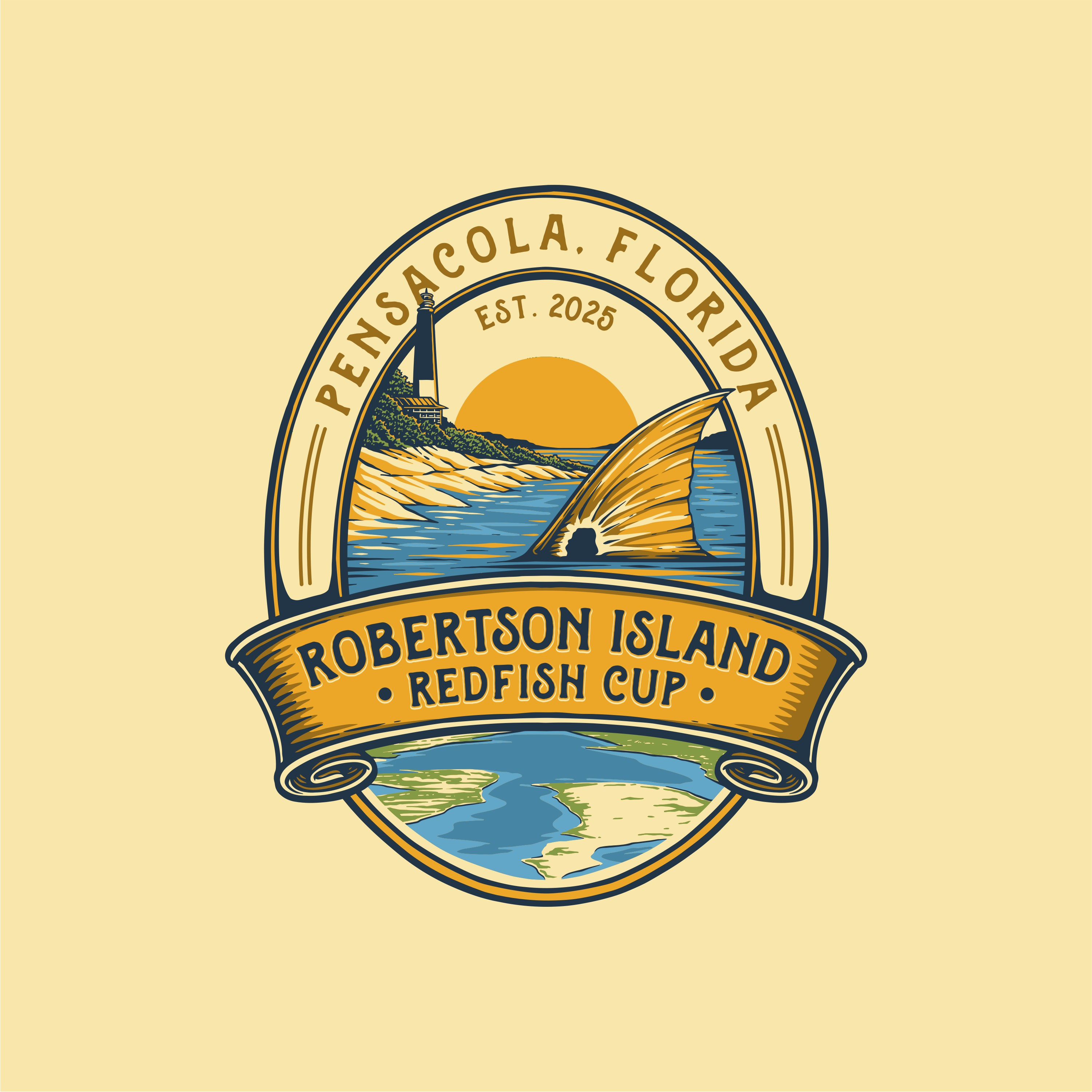 Robertson Island Redfish Cup beach theme coastal illustration emblem design event branding fishing tournament logo design marine illustration nautical style redfish illustration vintage badge