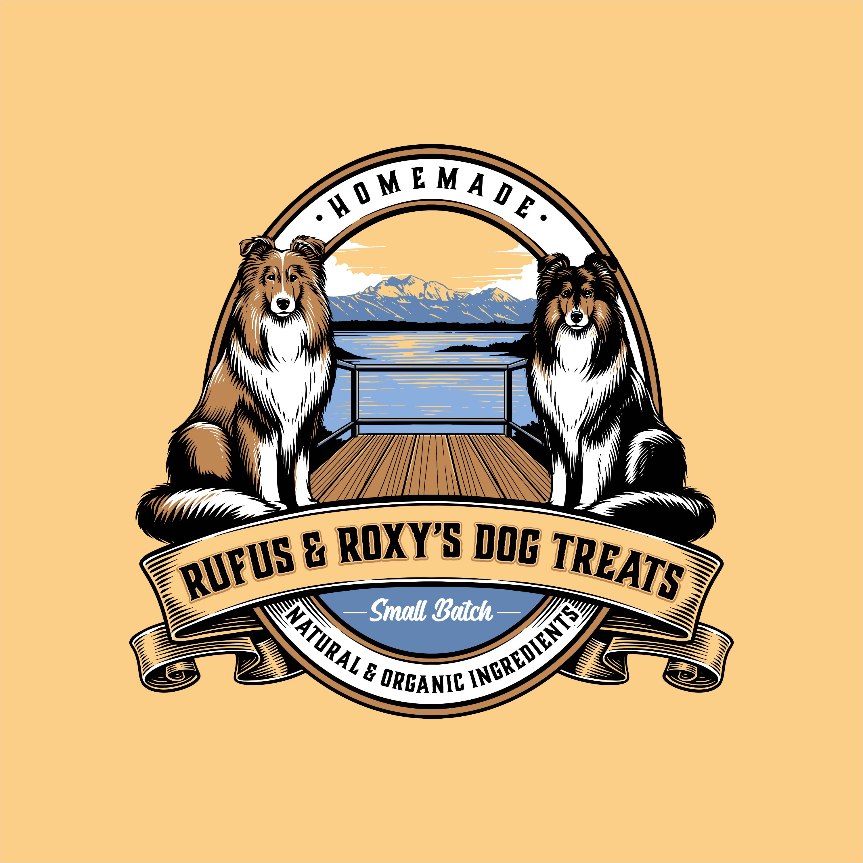 Rufus & Roxy’s Dog Treats animal illustration classic emblem dog treats handmade product illustration design logo design organic ingredients pet brand identity pet food branding vintage badge
