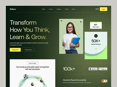 Skillora - Online Education Website Header Ui Design ai class course digital education education home page ios landing page learn online school study teacher technology ui ux visual design web web design website