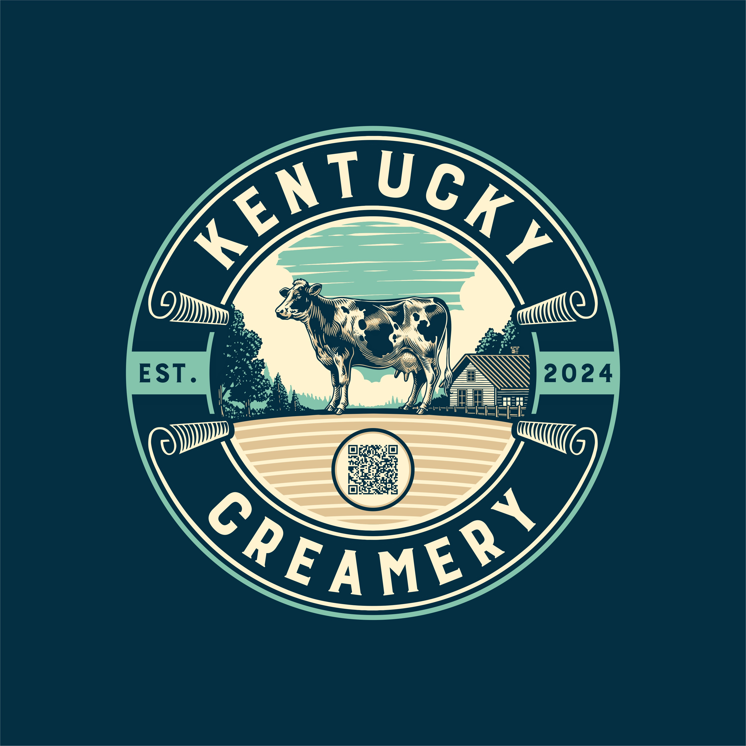 “Kentucky Creamery – Vintage Farm Emblem Design” agribusiness branding countryside design cow illustration dairy branding farm logo handcrafted illustration retro badge style rustic emblem traditional milk farm vintage creamery