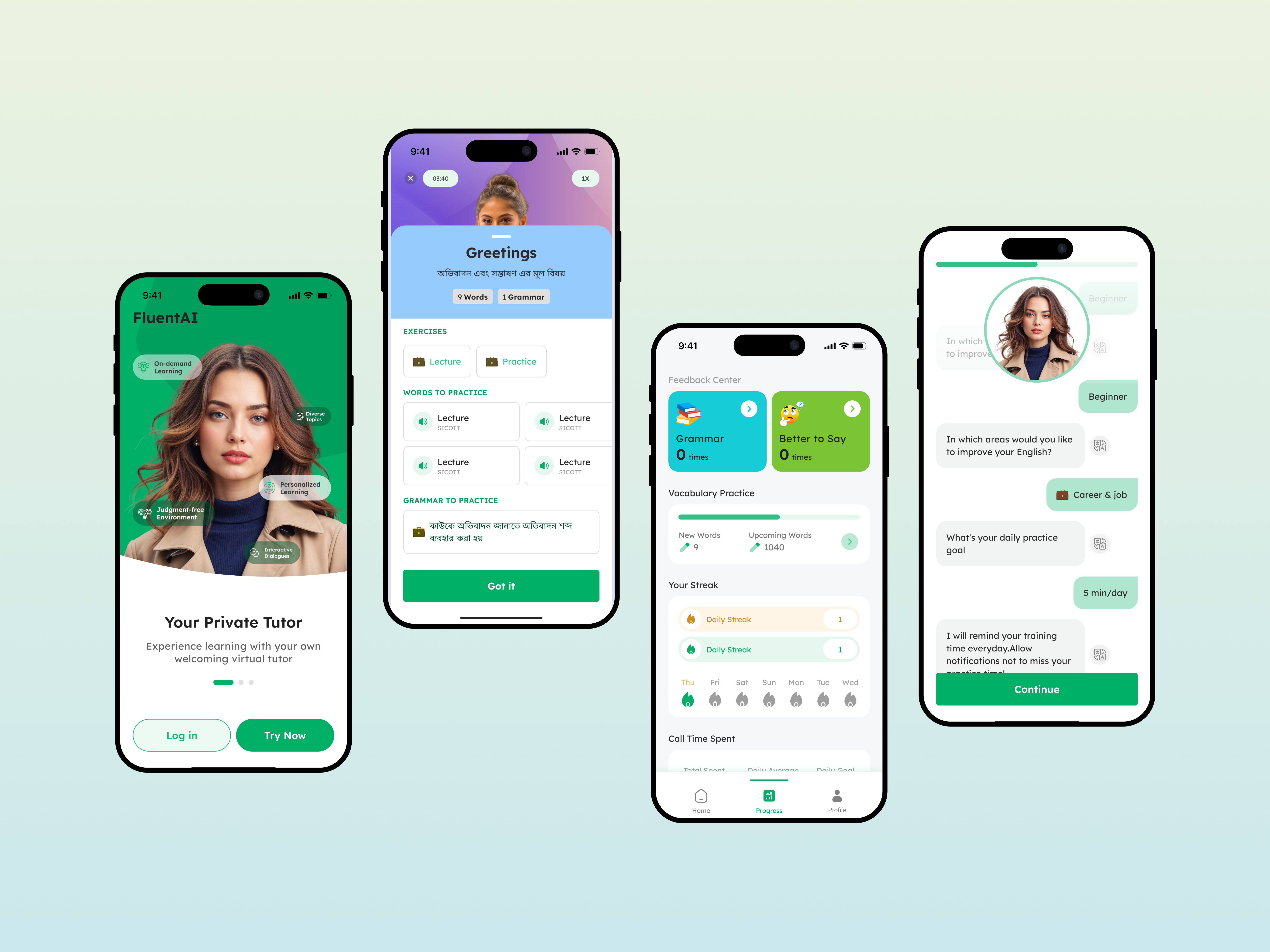 FluentAI – Learn English with AI | Mobile UI aiapp appdesign edtech fluentai interactivelearning languagelearning learnenglish mobileappdesign mobileui uiuxdesign