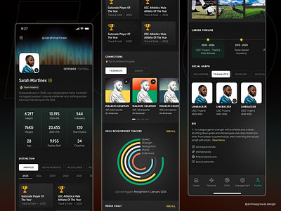 ⚽ PlaySmart – Football Training App! achievement athelete profile awards coach profile dark theme dashboard football football app mobile app mobile app design profile score skills soccer soccer app social feed teams user profile