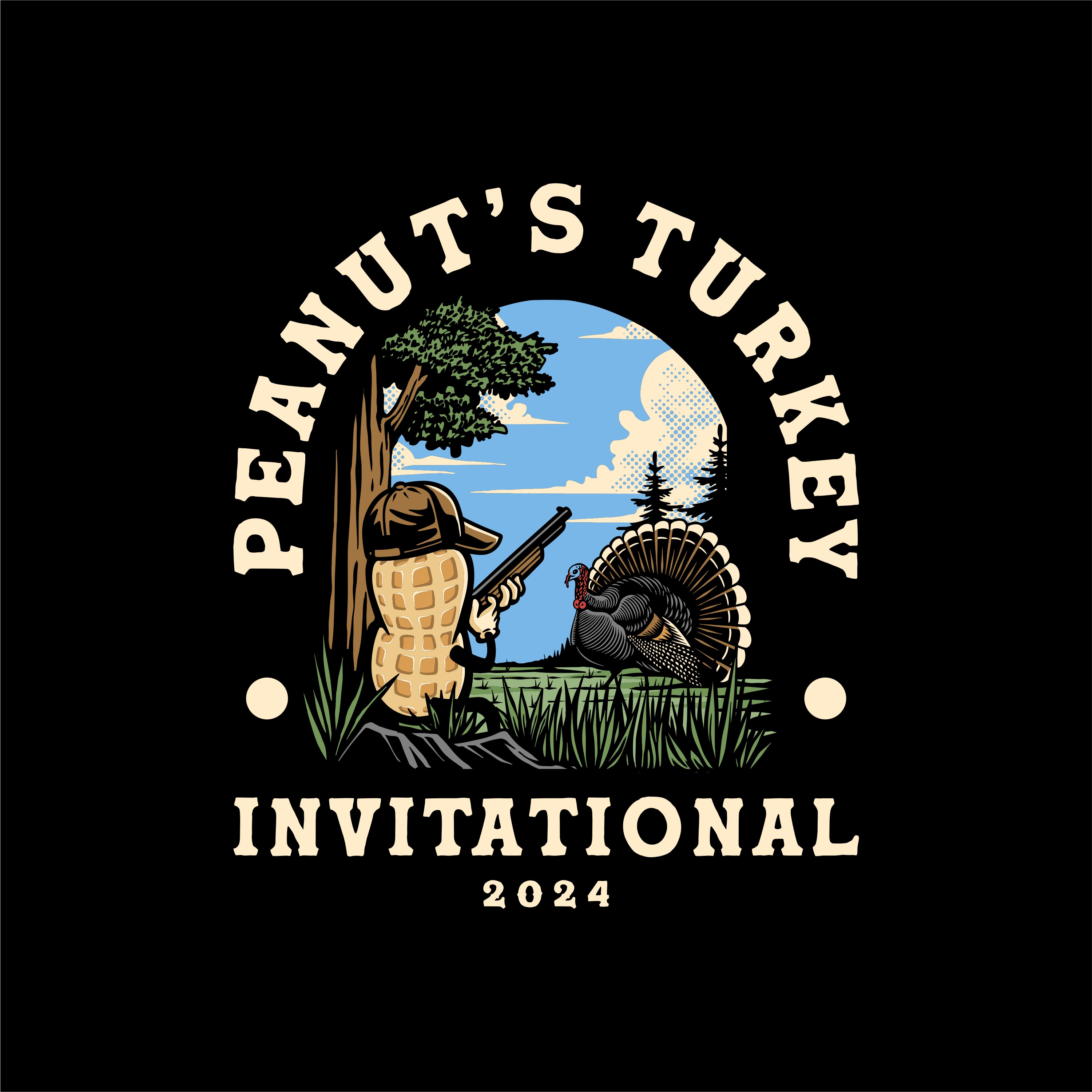 Peanut’s Turkey Invitational 2024 event logo illustration design mascot character outdoor hunting retro typography vector art vintage badge wildlife illustration