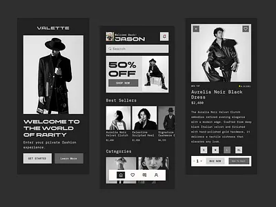 Valette Mobile App Design android black clothing dark e commerce app fashion app fashion branding graphic design grey ios luxury app luxury ui minimal mobile app modern online store product design shop design store design ui design