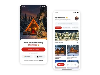 Discover the Coziest Stays This Christmas ✨ animation christmas design holiday home hotel interaction ios 26 minimal mobile mobile design native sign in tabbar travel ui user interface ux