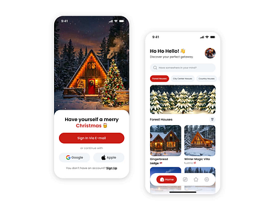 Discover the Coziest Stays This Christmas ✨ animation christmas design holiday home hotel interaction ios 26 minimal mobile mobile design native sign in tabbar travel ui user interface ux
