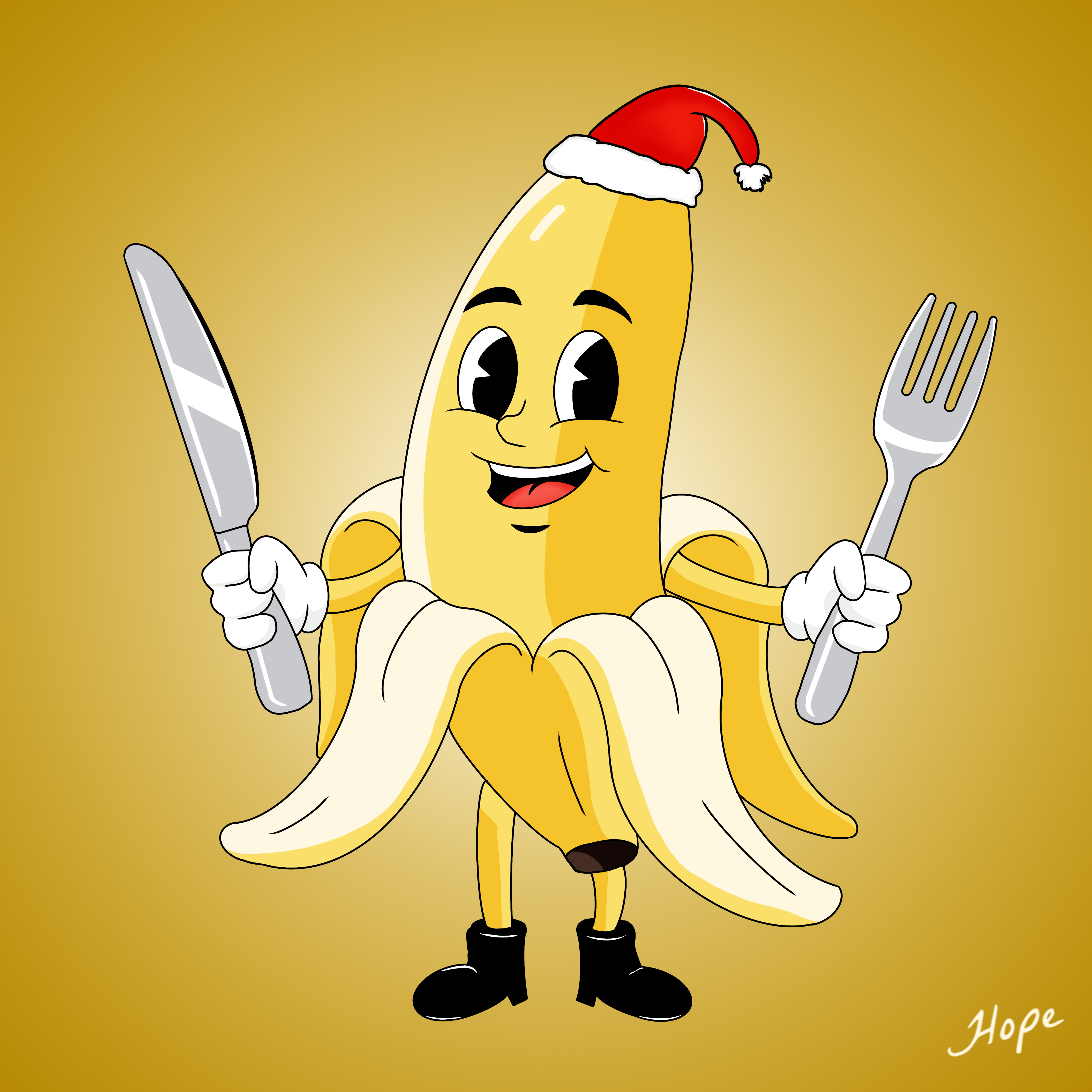 Santa Banana with a Fork and a Knife Character Design art artwork banana banana logo character character design character illustration christmas design digital art graphic design illustration logo logo design santa banana