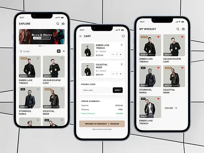 Cart & Wishlist UI – Leather Jacket Shopping App cart ui checkout flow clothing app ecommerce app fashion browsing fashion ecommerce favorites screen item review ui leather goods luxury fashion premium jackets product details product listing retail app saved items shopping cart store app wishlist experience wishlist ui wishlist ui design