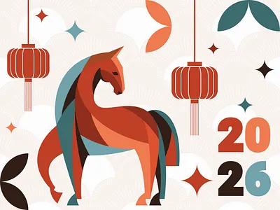 Chinese New Year abstract animals calendar chinese new year design festive graphic design horse illu illustration lantern mosaic poster vector graphic vector illustration