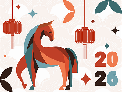 Chinese New Year abstract animals calendar chinese new year design festive graphic design horse illu illustration lantern mosaic poster vector graphic vector illustration