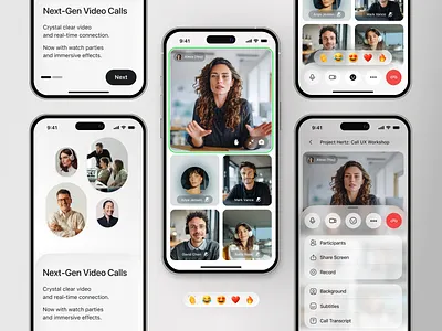 Video Calls App – Mobile UI call app camera toggle emoji reactions grid layout group call hero illustration light mode minimal interface mobile ui onboarding screen reactions bar tiles video calls