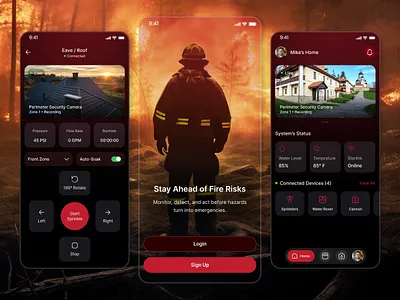 Wildfire Prevention & Smart Safety Mobile App – UI/UX Design app black design devices emergency fire fire brigade firefighter gun hardware house iot mobile safety sensor smart ui ux water wildfire