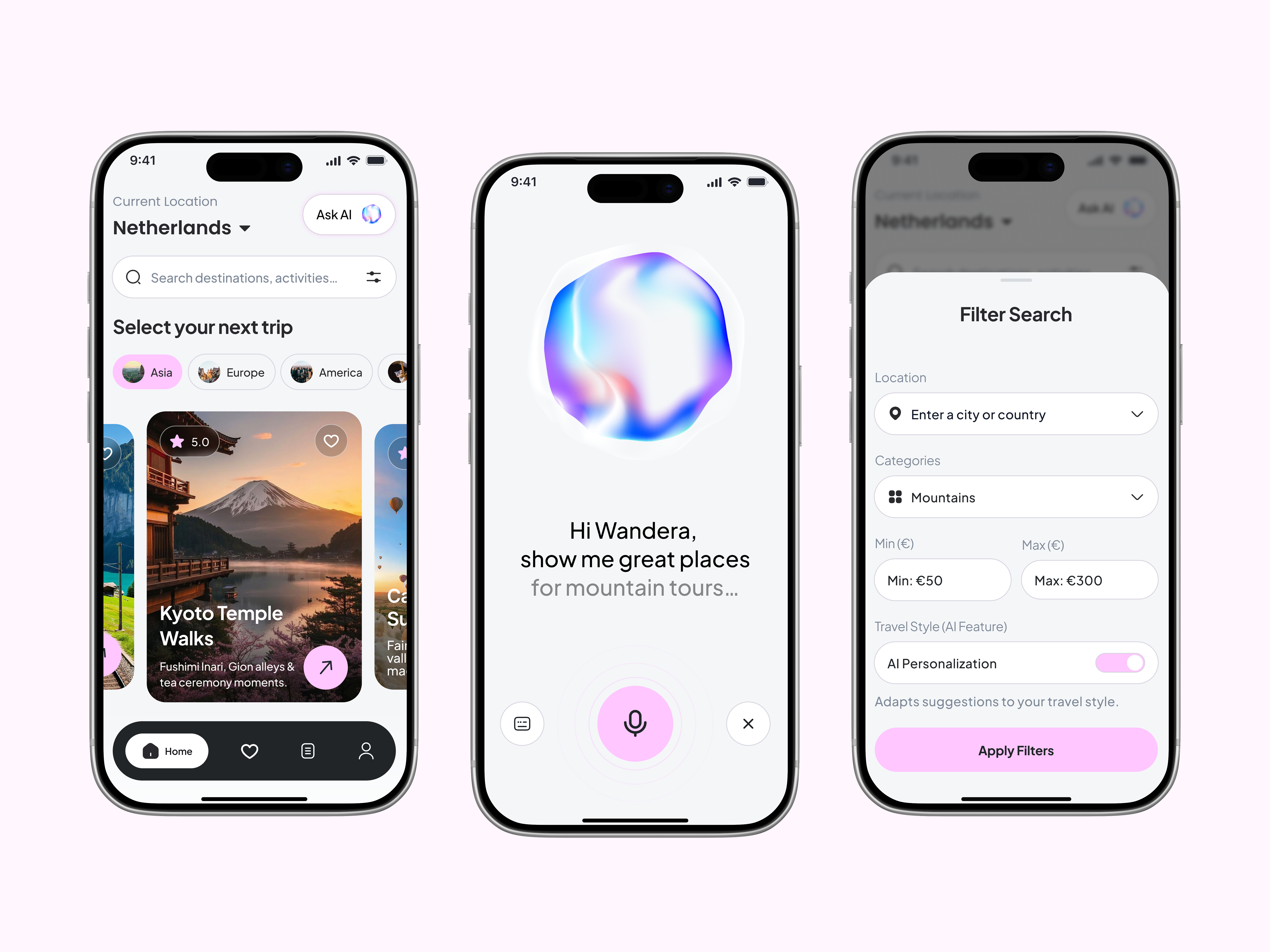 AI Travel App – Home, Voice Assistant & Filter UI aiapp appdesign cleanui filterui homescreen interactiondesign iosdesign minimaldesign mobiledesign productdesign travelapp travelui uidesign uxuidesign voiceassistant