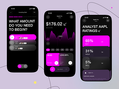 Neon Trade – AI Investment & Stock Tracking App ai finance analytics app apple stock clean ui dark mode design dashboard ui finance app fintech ui interactive design investing quiz investment app mobile app design mobile ui modern app neon ui portfolio tracker stock chart stock trading ui concept ux design