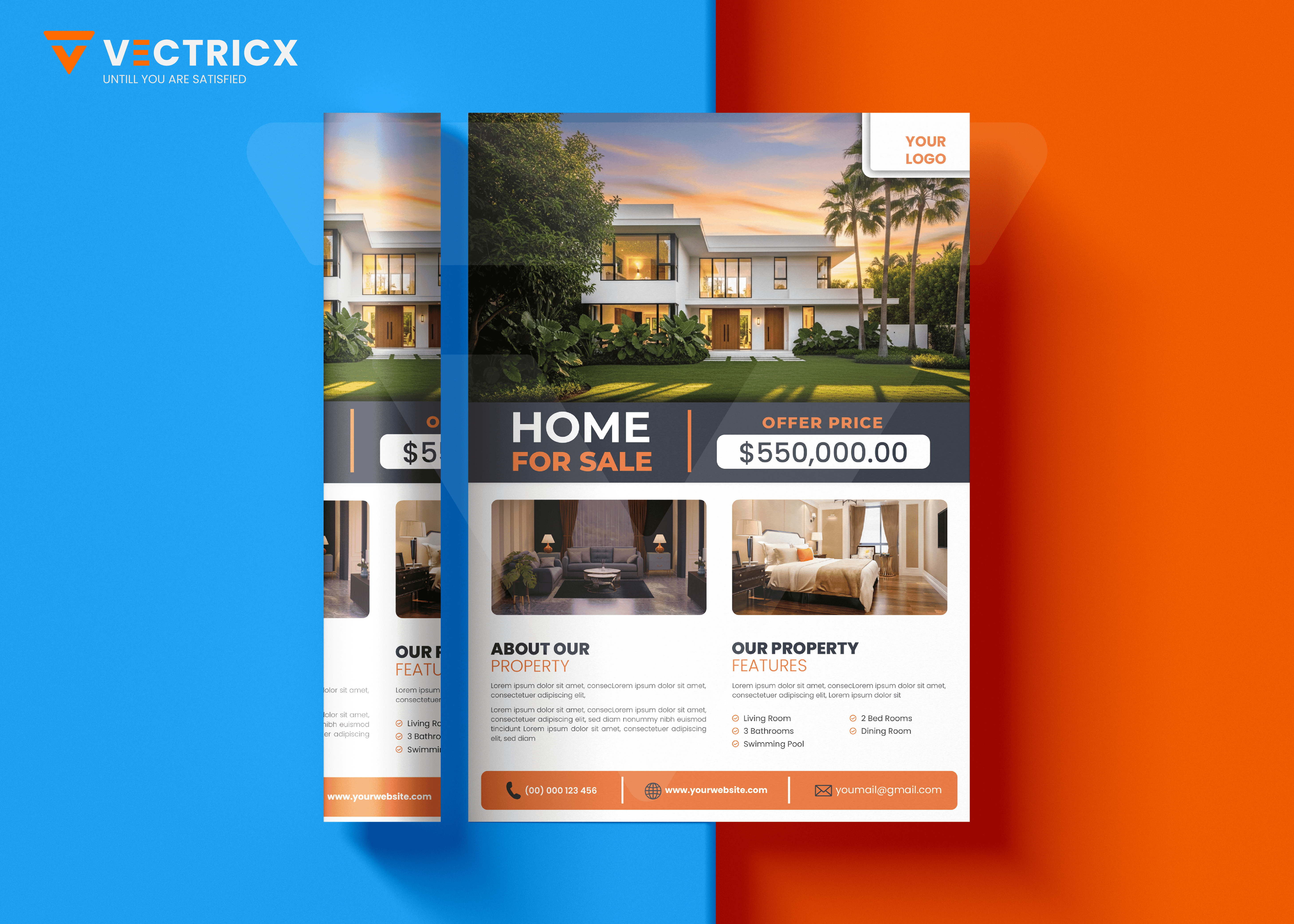 Modern Home For Sale Flyer Design Template brochure design flyer design home listing house for sale marketing material modern layout orange branding print template property for sale real estate flyer