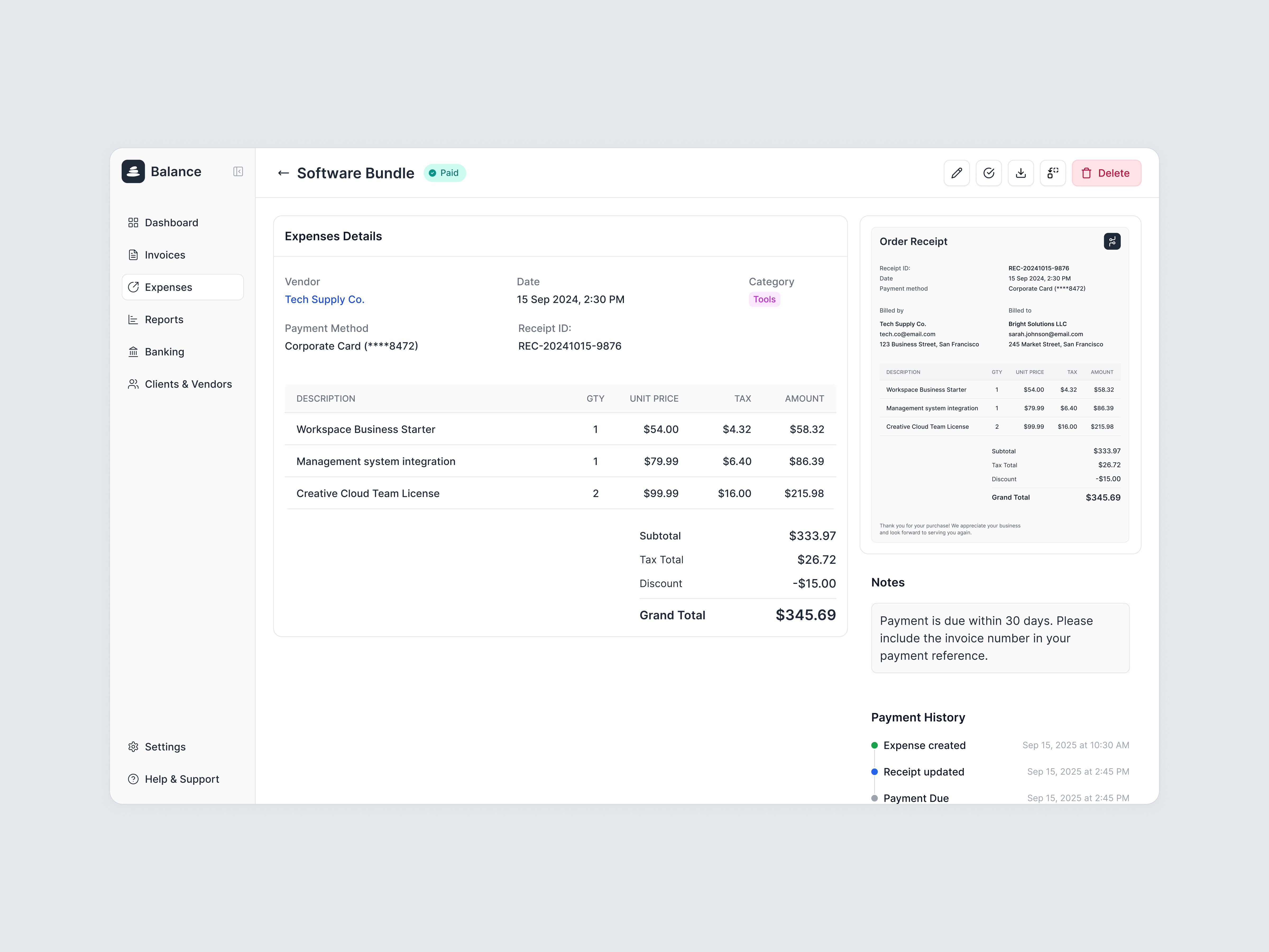 Example of Expense Details — Balance Financial App