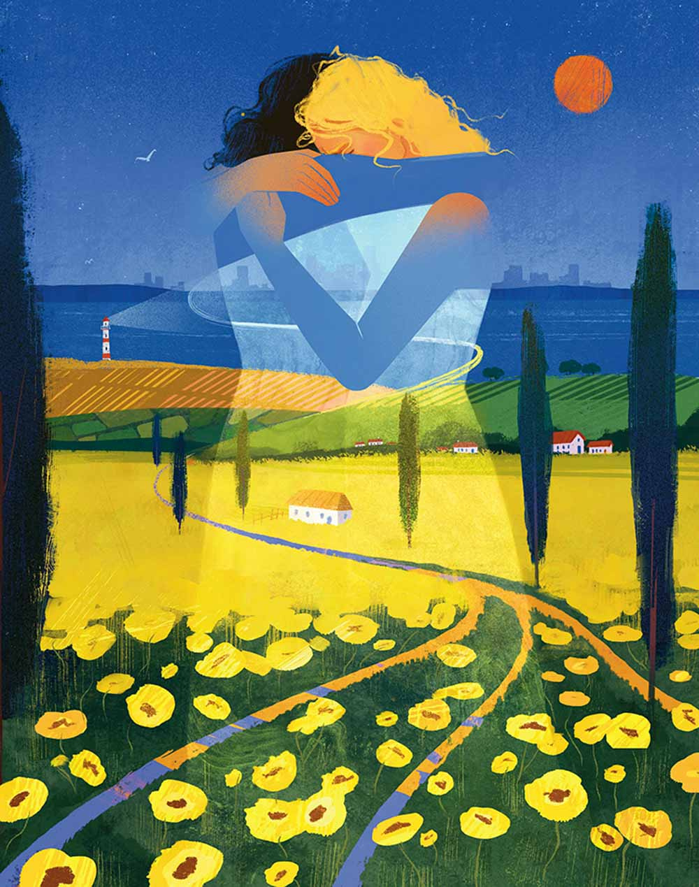 Home's Embrace - i2i Art Inc. - © Daria Lada colorful conceptual daria lada editorial family field friends i2i art illustration illustrator travel