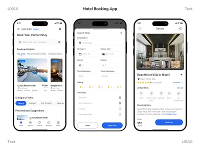 Hotel Booking App UI/UX ai app app design app uiux branding dashboard details page filter filter page home page hotel booking mobile design product design prototype review saas saas app uiux user experience user interface