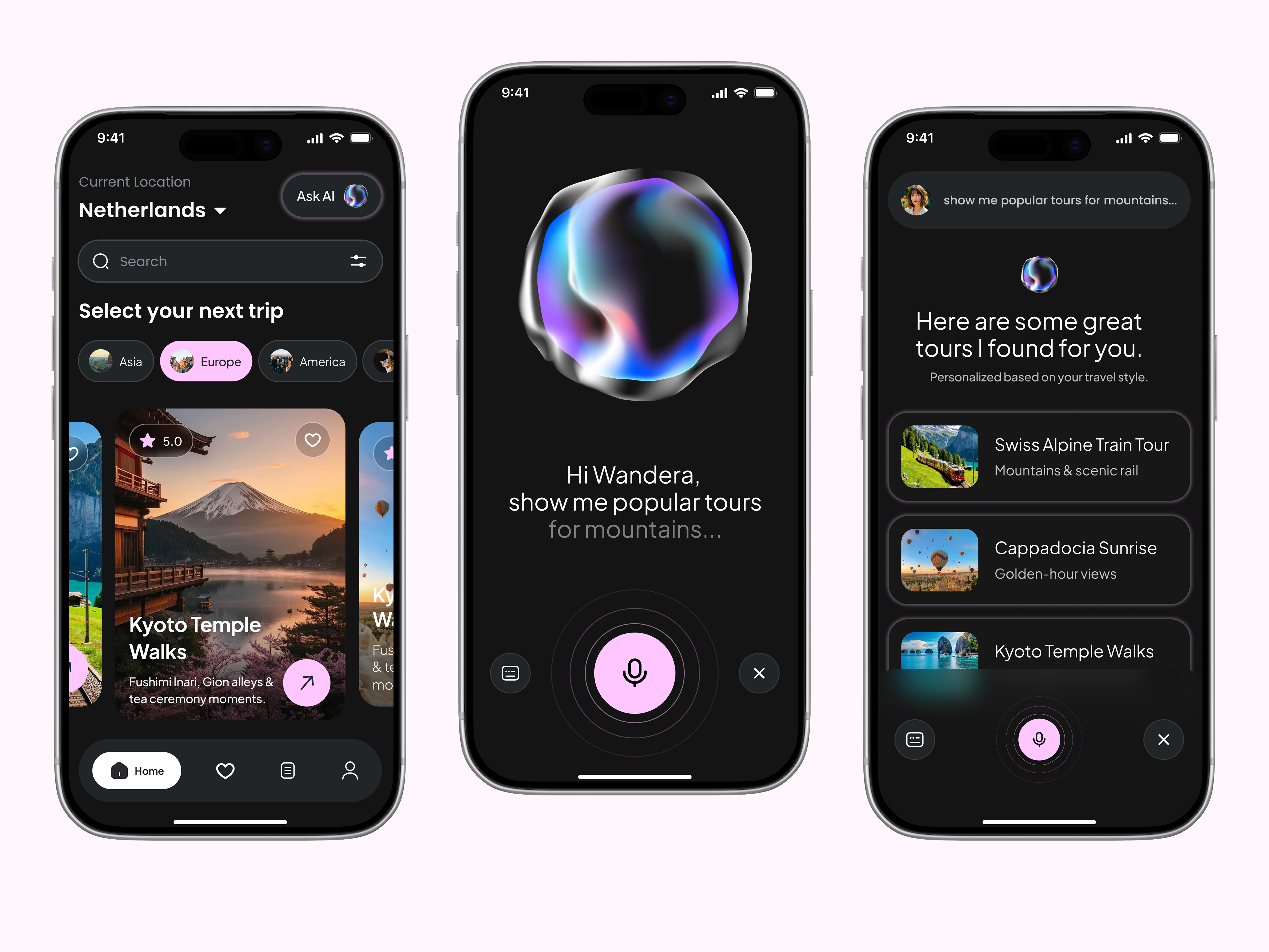 AI Travel App – Dark Mode Home & Voice UI aiui appdesign darkinterface darkmode darkmodeui mobiledesign productdesign travelapp uxuidesign voiceui