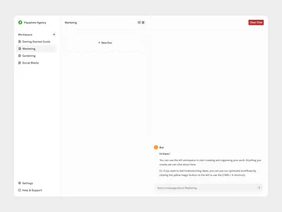 Doc Creating chat clean dashboard doc doc creating document document creating minimal minimalistic nav bar navigation project project mana saas ui ux web app white workspace workspace creating