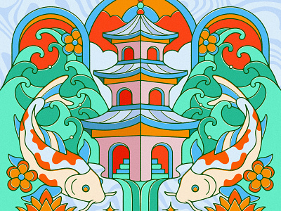 Koi Poster Design | Traditional Japanese Inspired fish poster flower japanese design koi design koi fish poster design line artwork lotus nienowbrand psychedelic poster traditional artwork traditional poster design