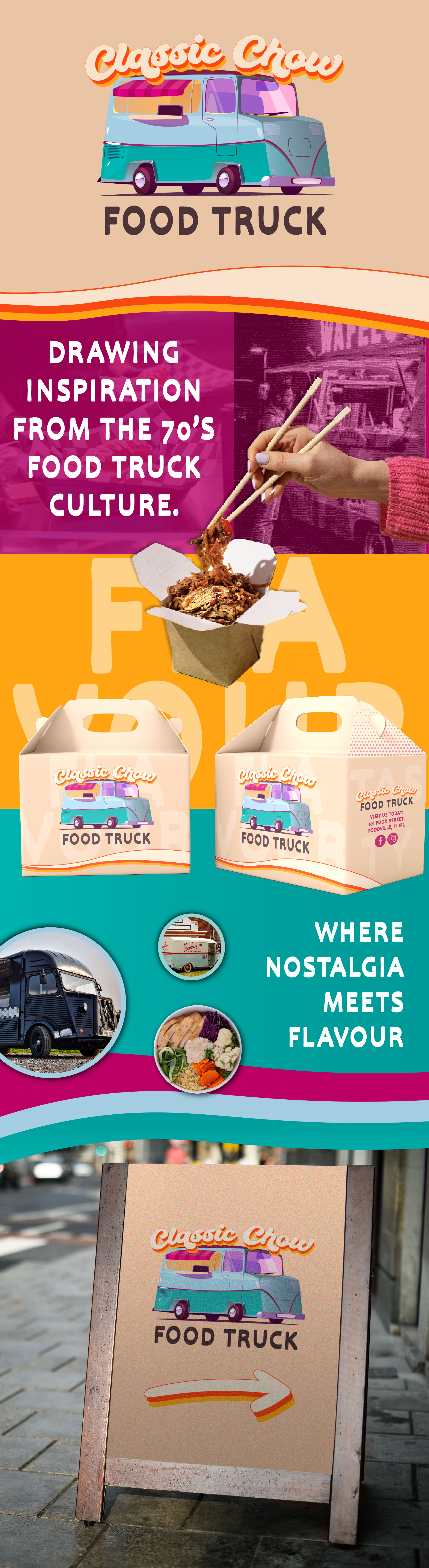 Retro Food Truck Branding - 70s-Inspired Identity Design 70s inspired bold typography brand designer brand identity colourful branding creative direction custom logo food brand food truck branding graphic design illustrated logo logo and packaging nostalgic branding packaging design restaurant branding retro logo design small business branding street food design vintage aesthetic visual identity