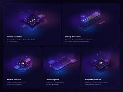 AI Meeting Assistant UI – Feature Cards, Bento Grid, Dark Theme ai tool ai ui bento grid dark ui design grid design system feature cards grid illustration isometric modular ui neumorphism product design productivity app smart assistant task manager ui ui design web app design web design web interface