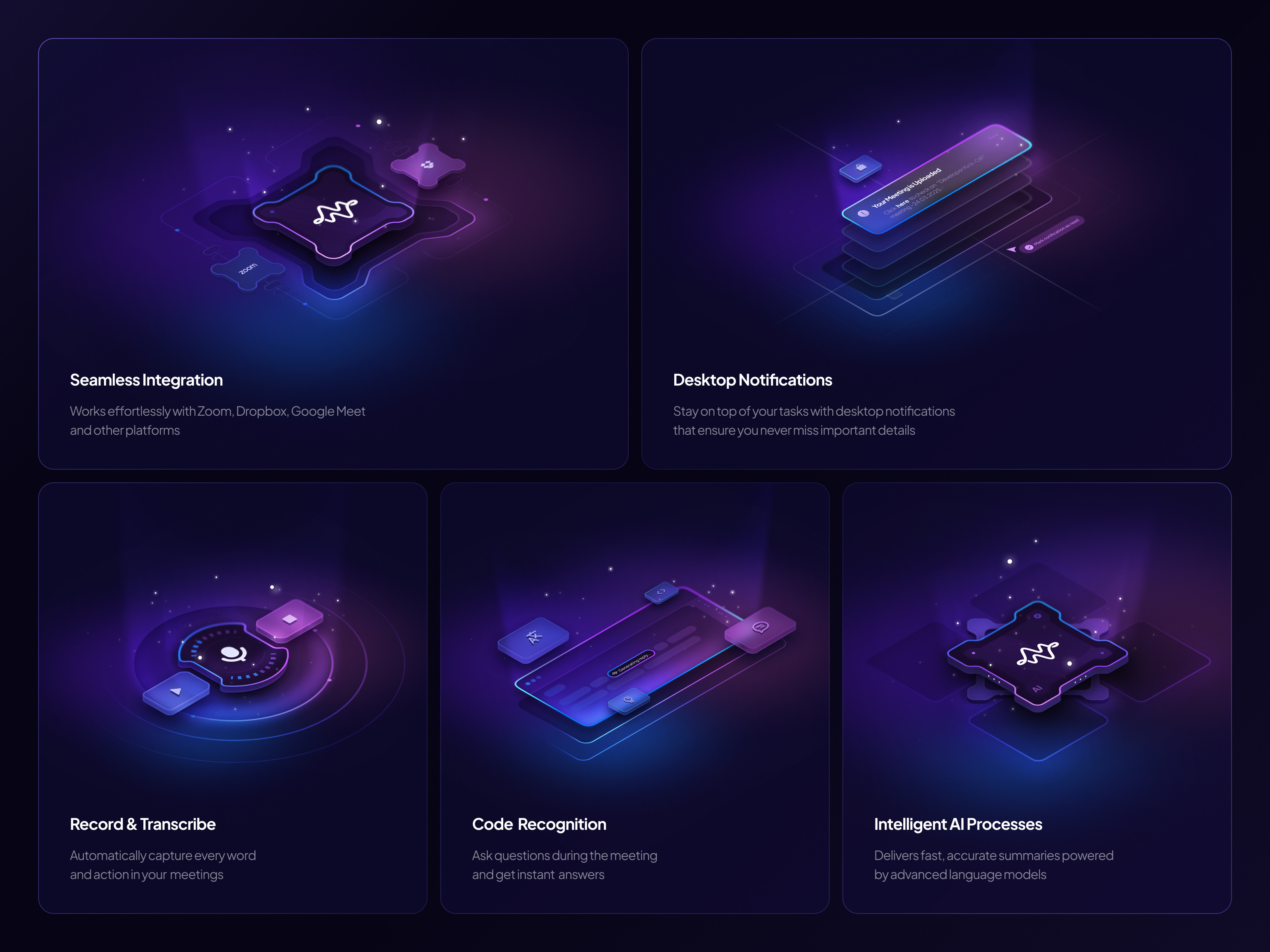 Example of AI Meeting Assistant UI – Feature Cards, Bento Grid, Dark Theme