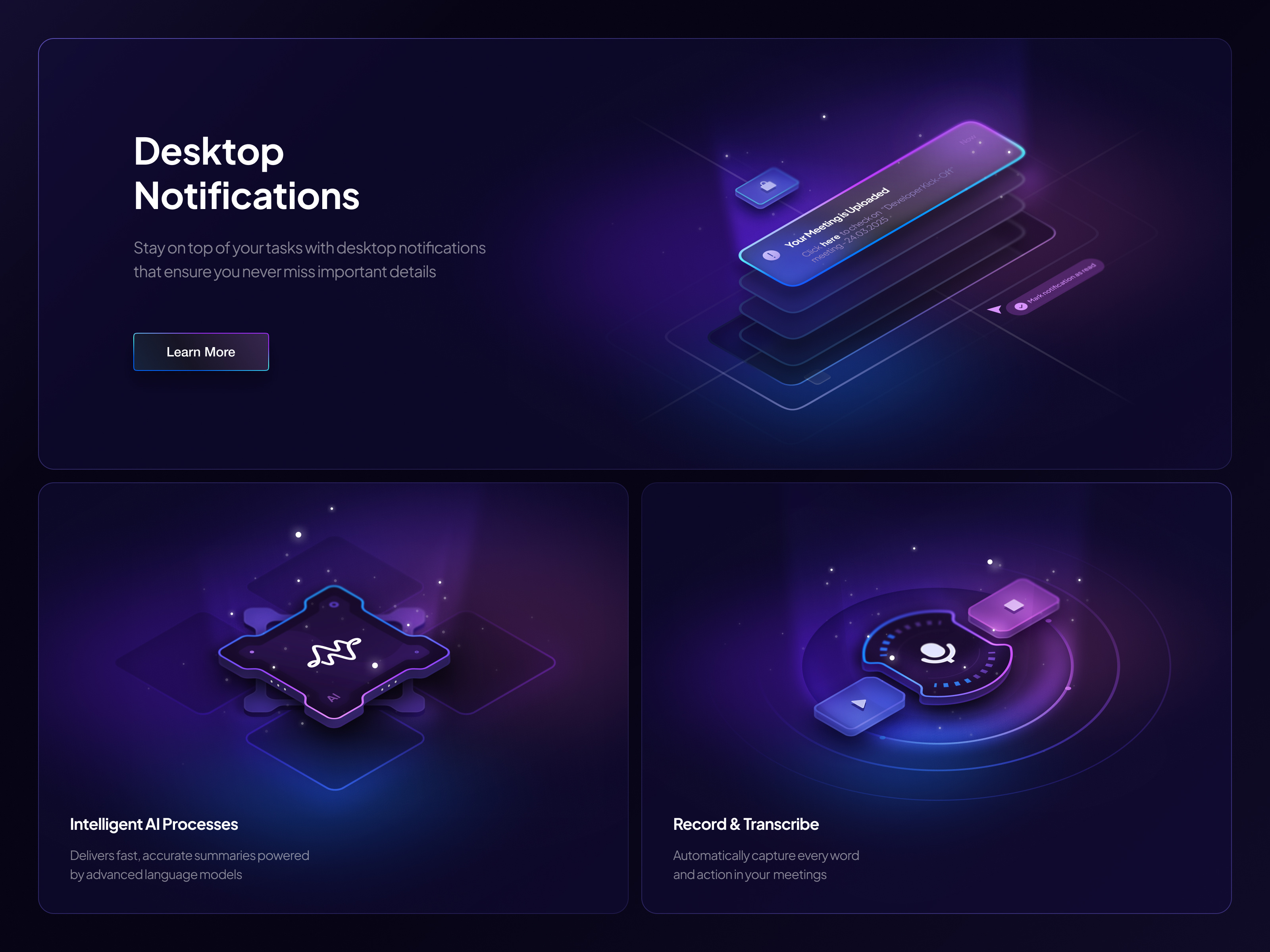 Example of Smart Notification UI – AI Summary, Card Layout, Dark Mode