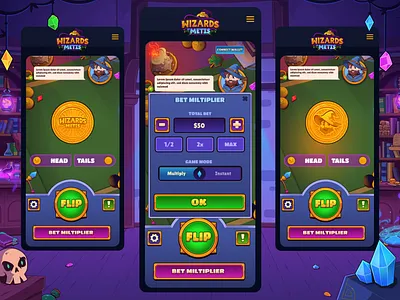 Wizards of Metis: Coin Flip game (Mobile version) app betting casino casino app casino game casualgame coin coin flip dark interface flip gambling game game design game interface mobile mobile design mobile game mobileui nft game uiux