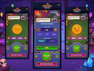 Wizards of Metis: Coin Flip game (Mobile version) app betting casino casino app casino game casualgame coin coin flip dark interface flip gambling game game design game interface mobile mobile design mobile game mobileui nft game uiux