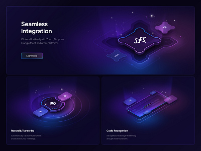 AI Assistant UI – Transcription, Code Recognition - Cards Layout ai app design bento grid card layout card ui code ui creative layout dark mode ui grid ui illustration interface design isometric modular ui smart assistant ui system design task cards ui components voice assistant web platform website design