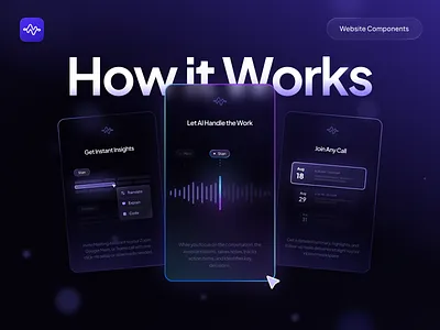 AI Meeting Assistant UI – Smart Calls, Insights & Translation ai assistant ai tools bento grid component design dark mode dashboard ui design system illustration interaction design meeting assistant product design responsive web saas ui uidesign uiux ux uxdesign web design website design
