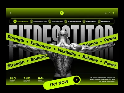 Fitness Titan Landing Page bold fitness fitness app gradient gym header health hero homepage landing pahe minimal neon typography ui uiux ux web design website widget