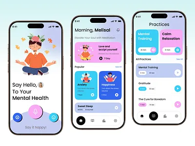 Mental Health Mobile App Design best app design daily tracker home screen illustration medical meditation meditation app mental mental care mental health mental health app mental wellness mindfulness mobile mobile app mood tracker self care therapy wellness yoga