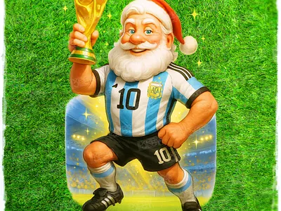 🎅 "SANTA WORLD CHAMP" | A Santa a Day | 006/012 argentina jersey cartoon style christmas football christmas gift cute character digital illustration festive art football cartoon funny santa golden trophy holiday sports santa claus soccer santa winter theme world cup vibe