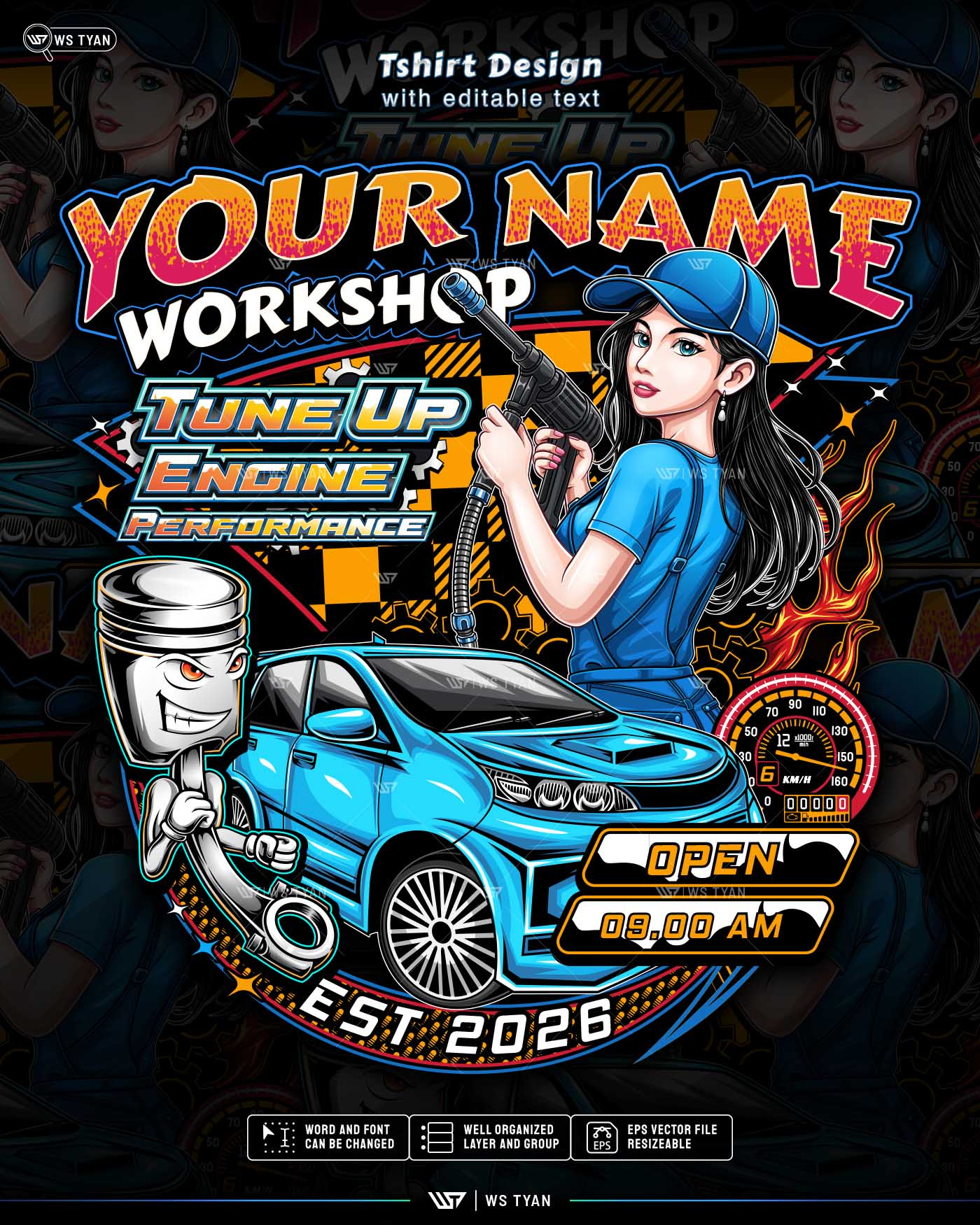 Design for auto repair shop with girl and Piston character apparel artwork auto repair automobile automotive branding car vector car wash carwash character clothing girl graphic design illustration logo logo design merchandise tshirt design vector workshop