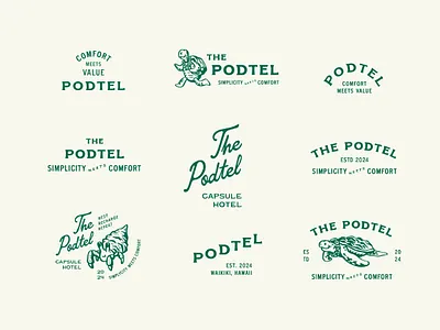 Podtel: Branding Exploration (Unused) badge design brand identity branding graphic design hotel branding illustration logo logo design logotype responsive logo script logo turtle illustration turtle logo vintage branding vintage logo