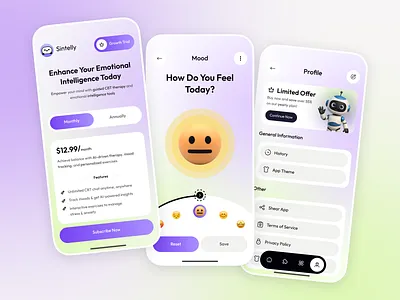 Wellness & Mood Tracker - Mobile app ai mood tracker ai therapy chat ui ai wellness app app app design concept design daily mood journal app emotional wellbeing ui healthcare mental health mobile app mobile app design mobile design mood tracker sleep tracker therapy assistant ui wellness wellness mood tracker