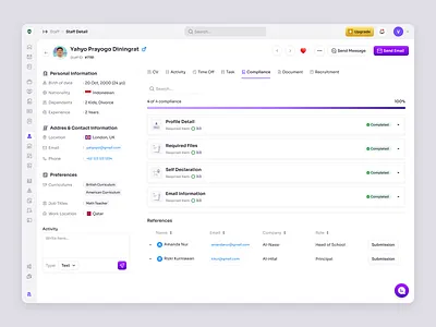 RecruitSmart – Staff Compliance Details in School HR Platform candidate dashboard education employee hiring hr management hr system hrd hrm hrms job product design saas saas design school management staff ui ux web app web design