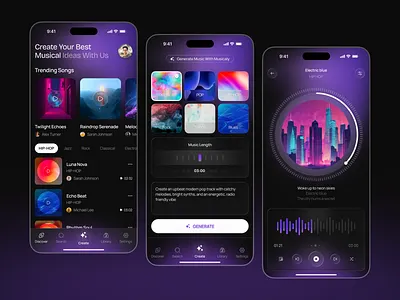 Musicaly - Music Player App ai app design ai mobile ai music app app design app designer clean dark mode dark ui design glassmorphism mobile app modern design music ai music app music app ui music player player app spotify ui ui design