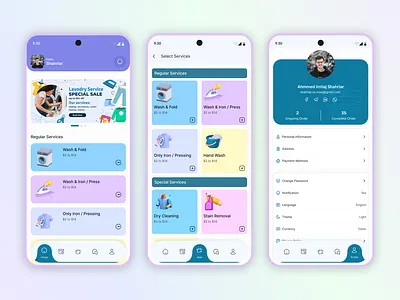 Laundry Service Mobile App Concept UI/UX Design androidapp appdesign branding clean design design drycleaning figma iosapp laundryapp laundryservice mobileapp mobileui naasmind pastelpalette productdesign uiux userexperience ux design