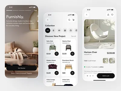 Furniture Mobile App app design architecture chair comfort e shop ecommerce furniture homedecor ikea interior design kitchen living room marketplace minimalist design mobile app online store product design sofa table ui design