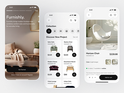 Furniture Mobile App app design architecture chair comfort e shop ecommerce furniture homedecor ikea interior design kitchen living room marketplace minimalist design mobile app online store product design sofa table ui design